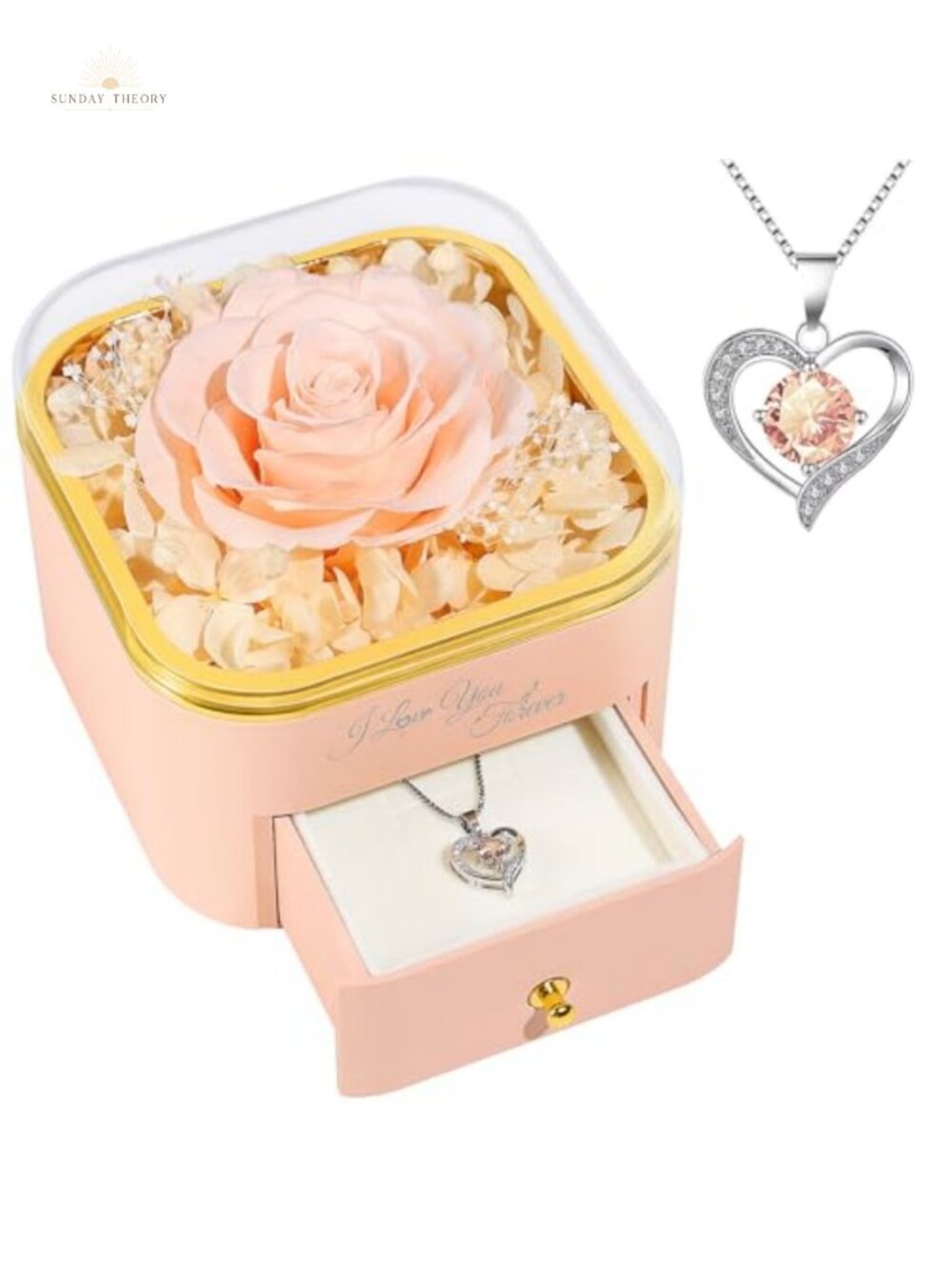 Preserved Real Rose with Heart Necklace Gift Set for Mom Mother's Day Birthday